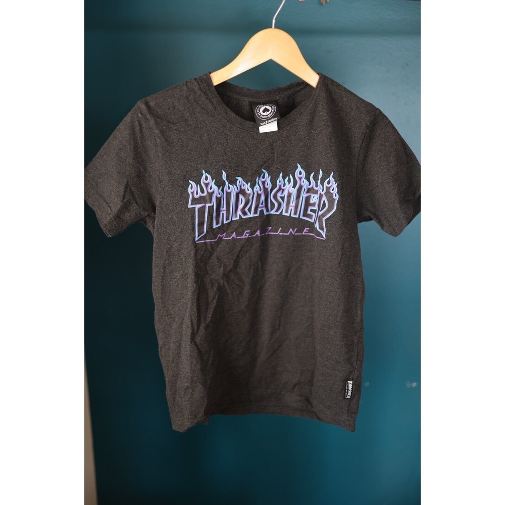 Thrasher Magazine Flame SKATE MAG Skateboard T Shirt Dark Gray Purple Small